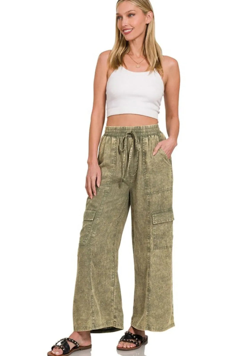 Washed Linen Elastic Waist Cargo Pants for Casual Outfits - AMVIM
