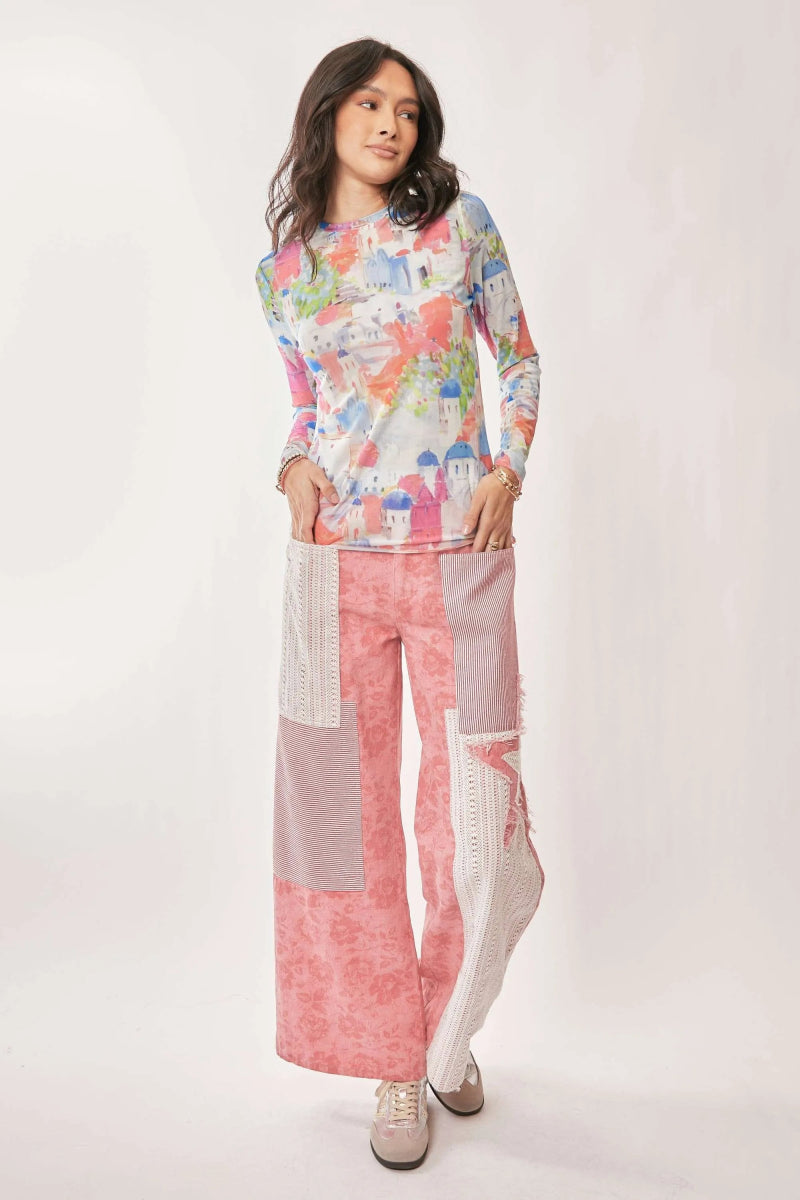 Watercolor Print Long Sleeve T-Shirt – Artistic Fitted Top - AMVIM
