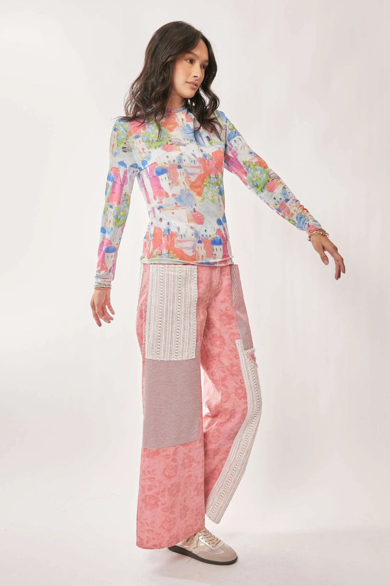Watercolor Print Long Sleeve T-Shirt – Artistic Fitted Top - AMVIM