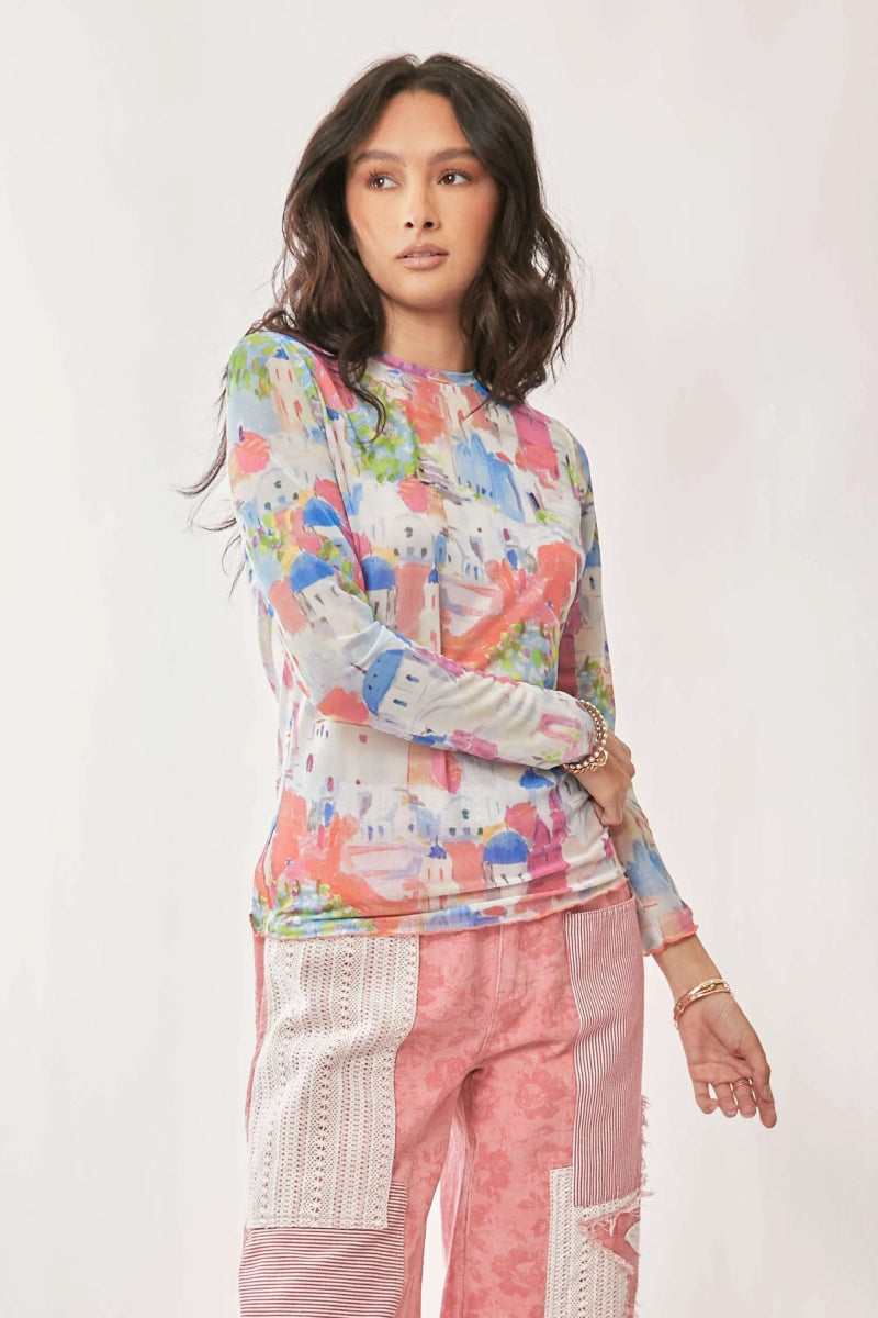 Watercolor Print Long Sleeve T-Shirt – Artistic Fitted Top - AMVIM