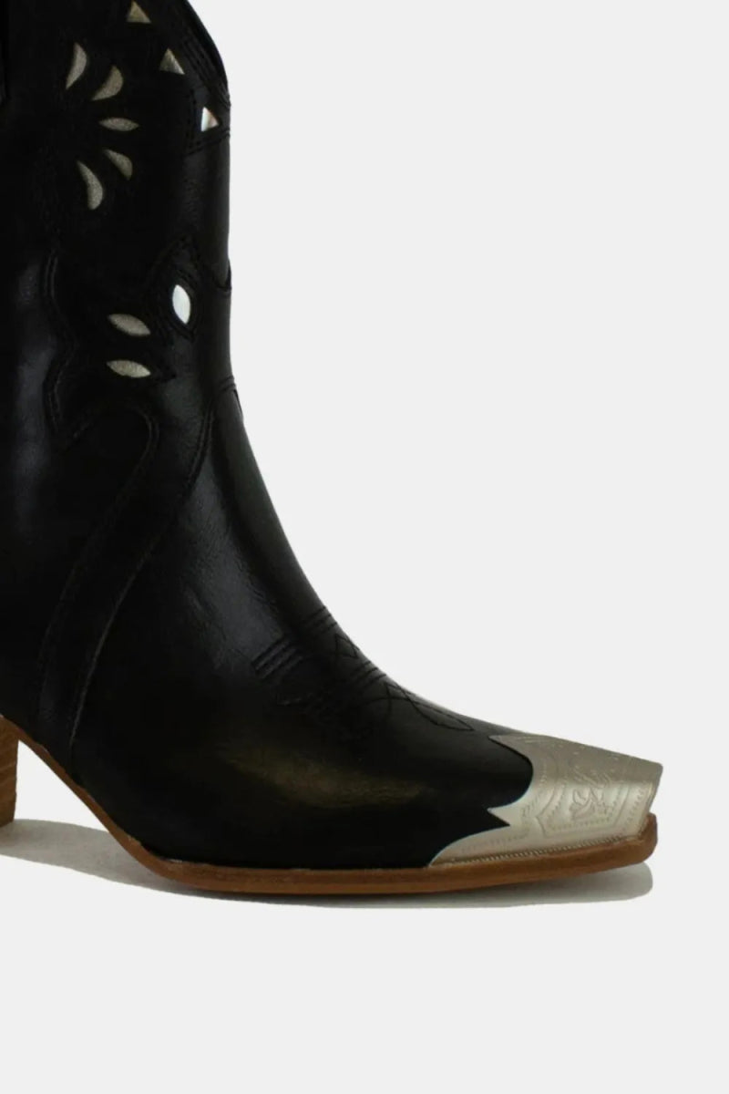 Western Embroidered Cut - Out Mid Heel Ankle Boots - AMVIM