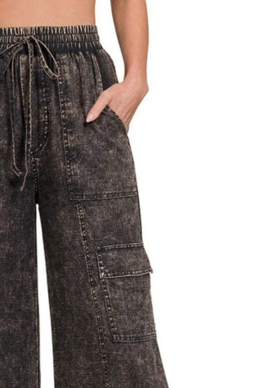 Wide - Leg Cargo Pants With Adjustable Drawstring Waist - AMVIM