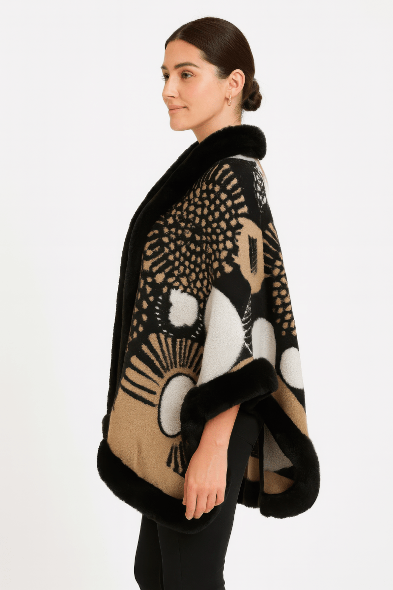 Women’s Abstract Print Cape with Faux‑Fur Trim – Statement Outerwear - AMVIM