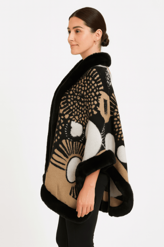 Women’s Abstract Print Cape with Faux‑Fur Trim – Statement Outerwear - AMVIM