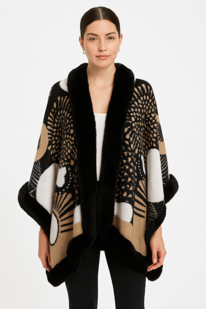Women’s Abstract Print Cape with Faux‑Fur Trim – Statement Outerwear - AMVIM
