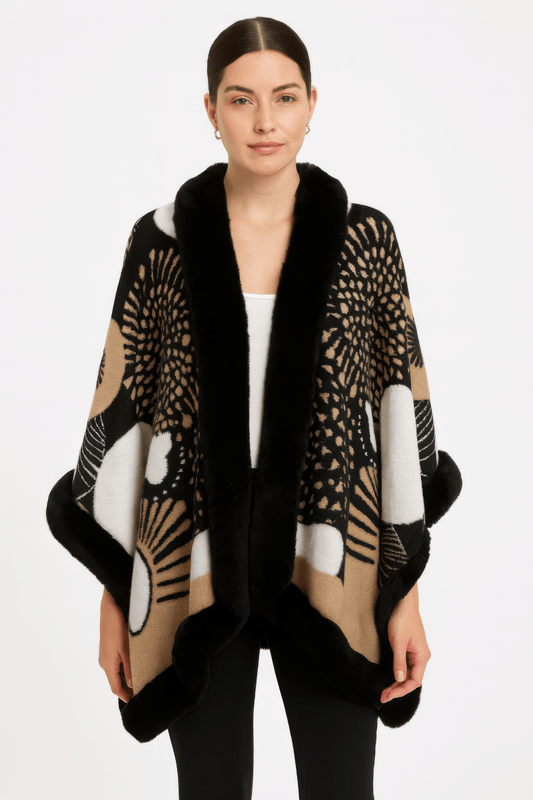 Women’s Abstract Print Cape with Faux‑Fur Trim – Statement Outerwear - AMVIM