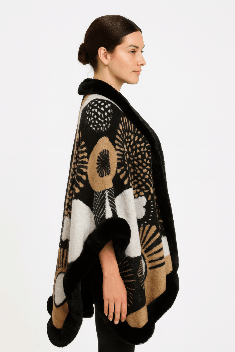 Women’s Abstract Print Cape with Faux‑Fur Trim – Statement Outerwear - AMVIM