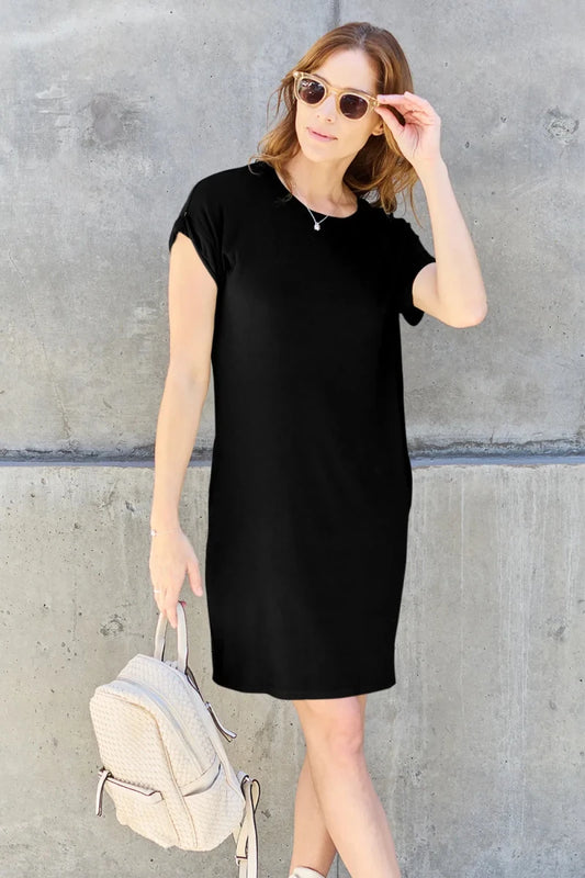 Women's Bamboo Short Sleeve Round Neck Dress with Pockets - AMVIM