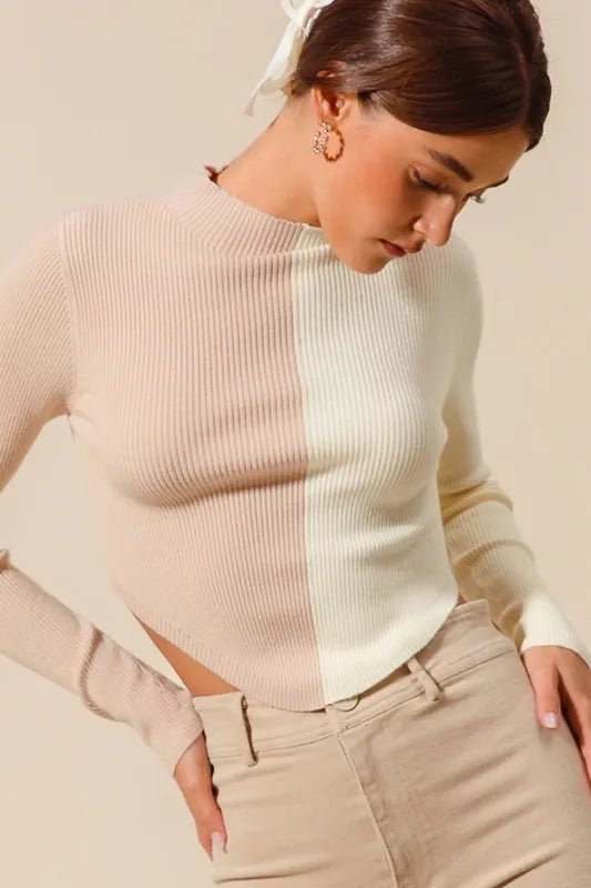 Womens Beige Ribbed Color Block Fitted Crop Sweater - AMVIM