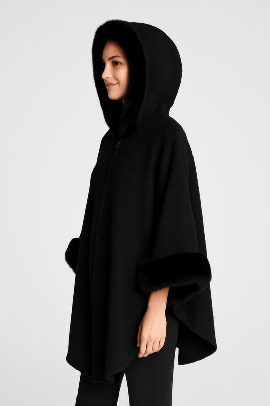 Women's Black Hooded Faux Fur Trim Cape - AMVIM