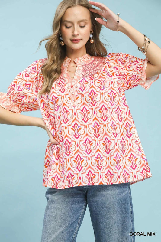 Women's Boho Puff Sleeve Smocked Blouse with Contrast Trim - AMVIM