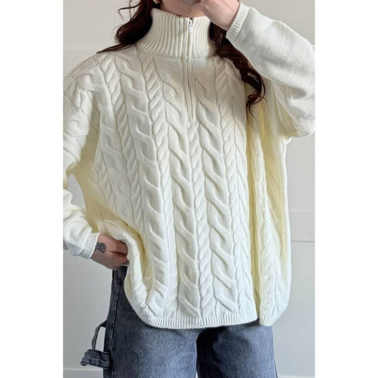 Women's Cable Knit Half - Zip Loose Fit Sweater - AMVIM