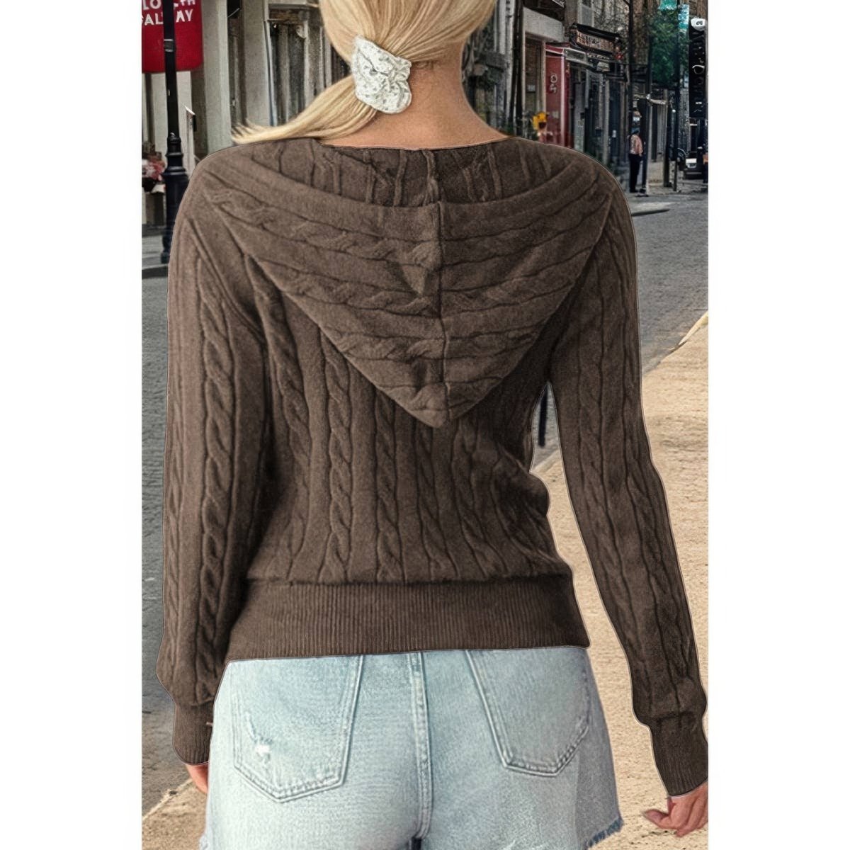 Women's Cable Knit Pocket Hooded Jacket – Cozy Fit - AMVIM