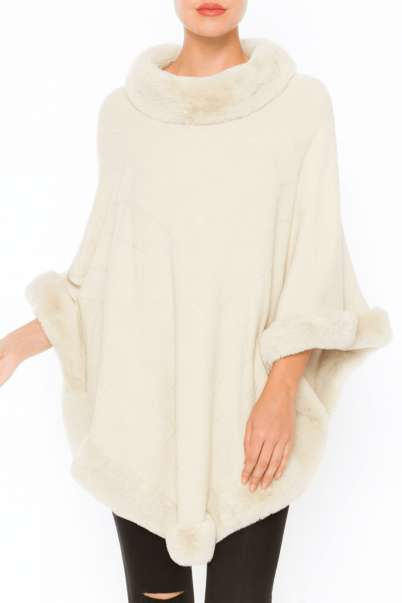 Women's Classic Faux Fur Trim Poncho – Elegant Black - AMVIM