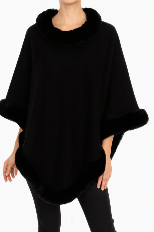 Women's Classic Faux Fur Trim Poncho – Elegant Black - AMVIM