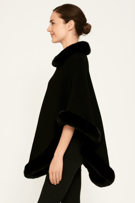 Women's Classic Faux Fur Trim Poncho – Elegant Black - AMVIM