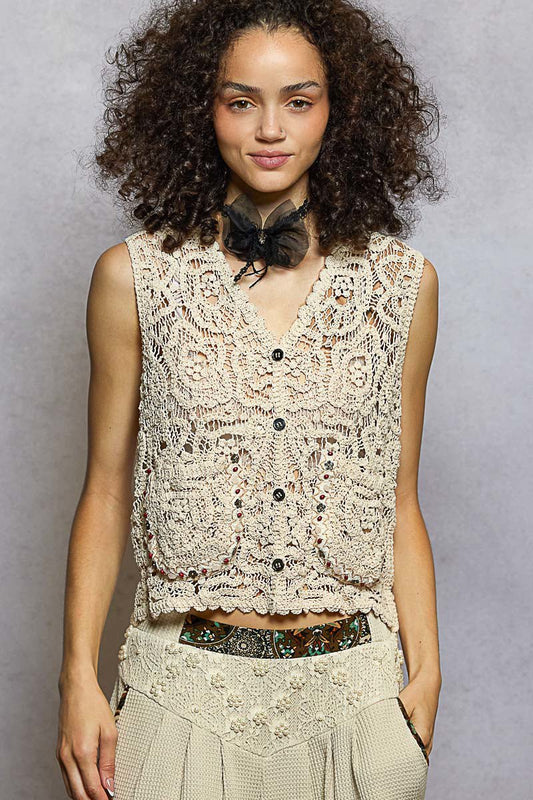 Women's Crochet Button Down Cropped Vest with Scalloped Edge - AMVIM