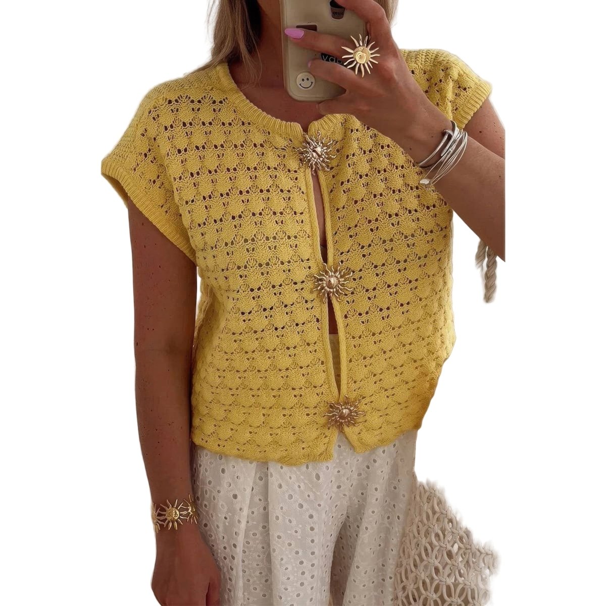 Women's Crochet Button Front Short Sleeve Knit Sweater - AMVIM