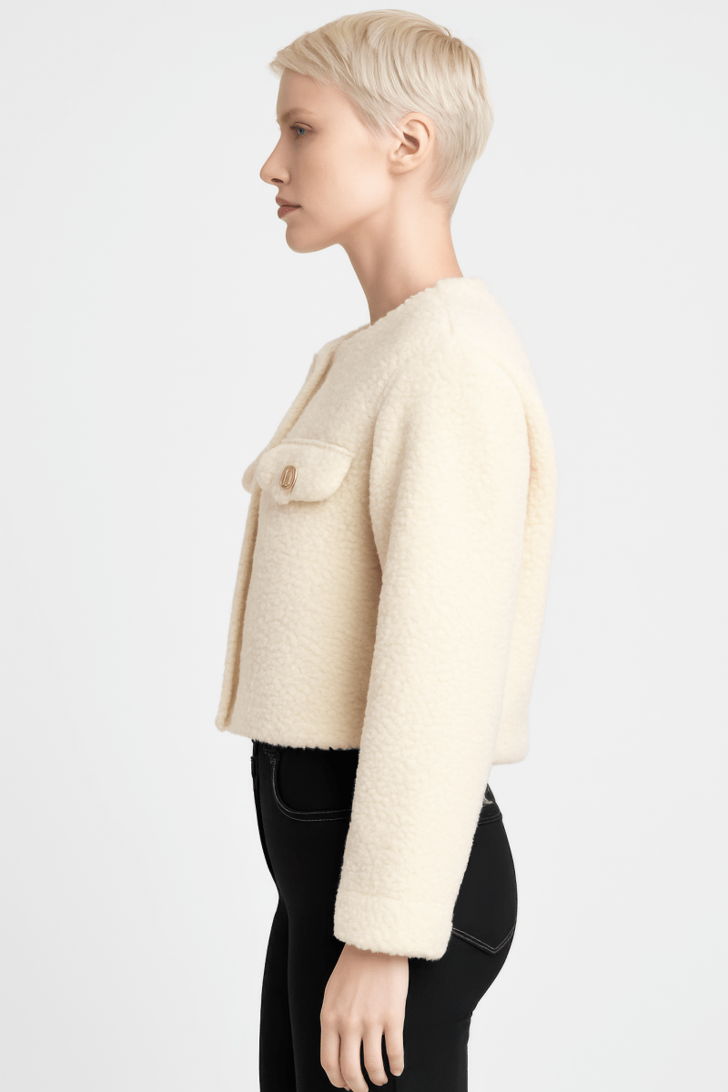 Women's Cropped Faux Shearling Button - Front Jacket - AMVIM