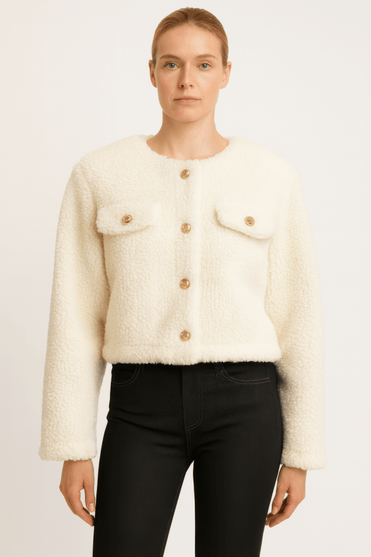 Women's Cropped Faux Shearling Button - Front Jacket - AMVIM