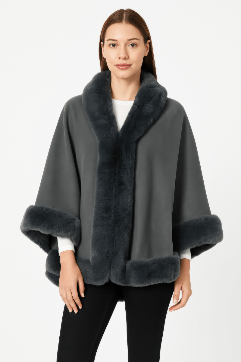 Women's Elegant Faux Fur Open - front Cape Jacket - AMVIM