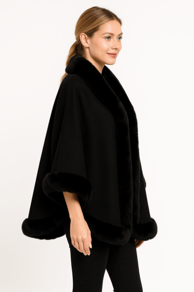 Women's Elegant Faux Fur Open - front Cape Jacket - AMVIM