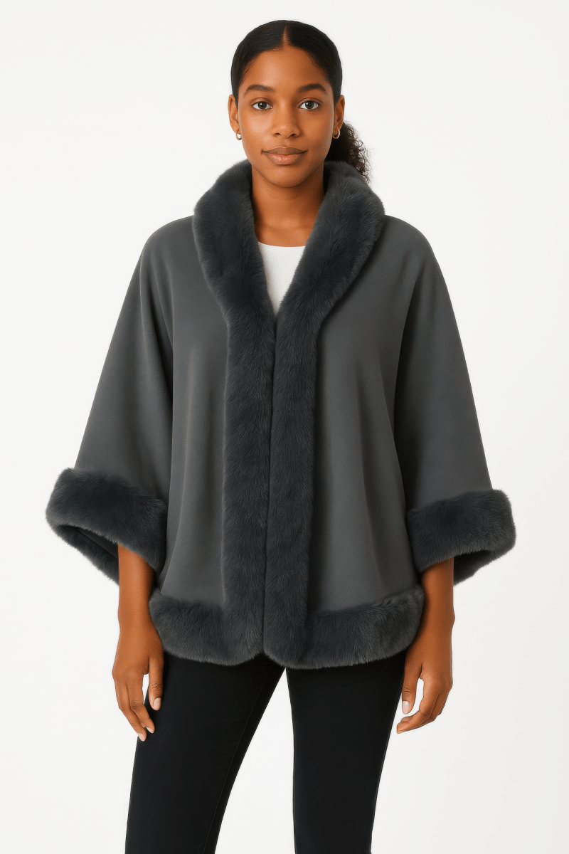 Women's Elegant Faux Fur Open - front Cape Jacket - AMVIM