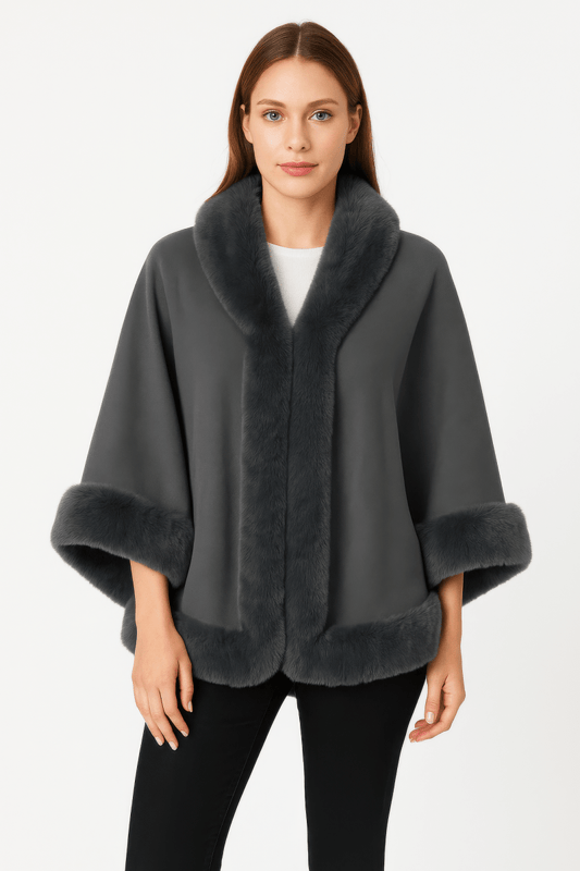 Women's Elegant Faux Fur Open - front Cape Jacket - AMVIM