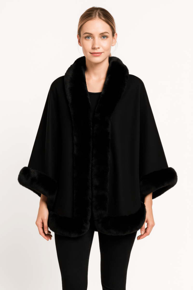 Women's Elegant Faux Fur Open - front Cape Jacket - AMVIM