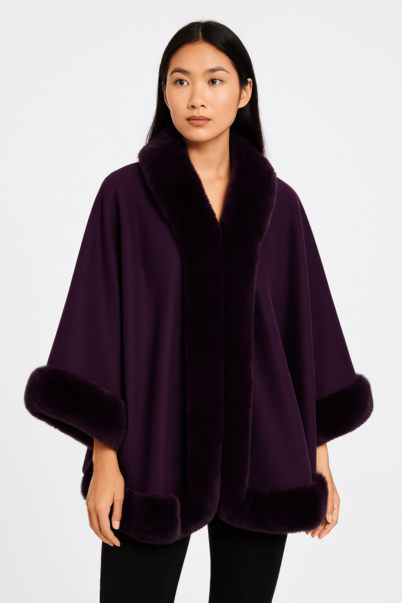 Women's Elegant Faux Fur Open - front Cape Jacket - AMVIM
