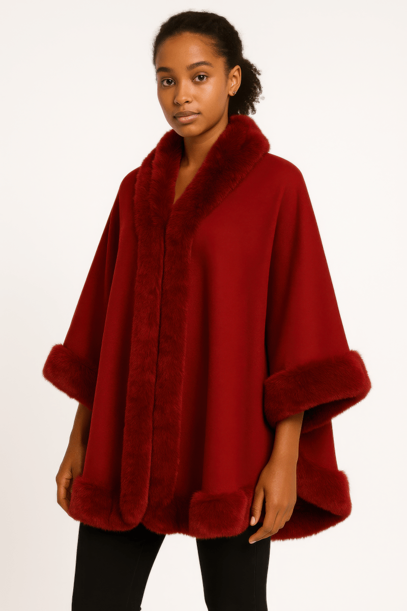 Women's Elegant Faux Fur Open - front Cape Jacket - AMVIM