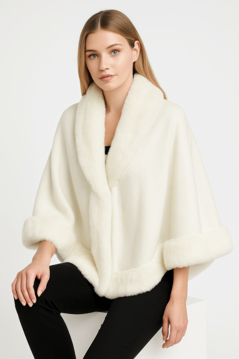 Women's Elegant Faux Fur Open - front Cape Jacket - AMVIM