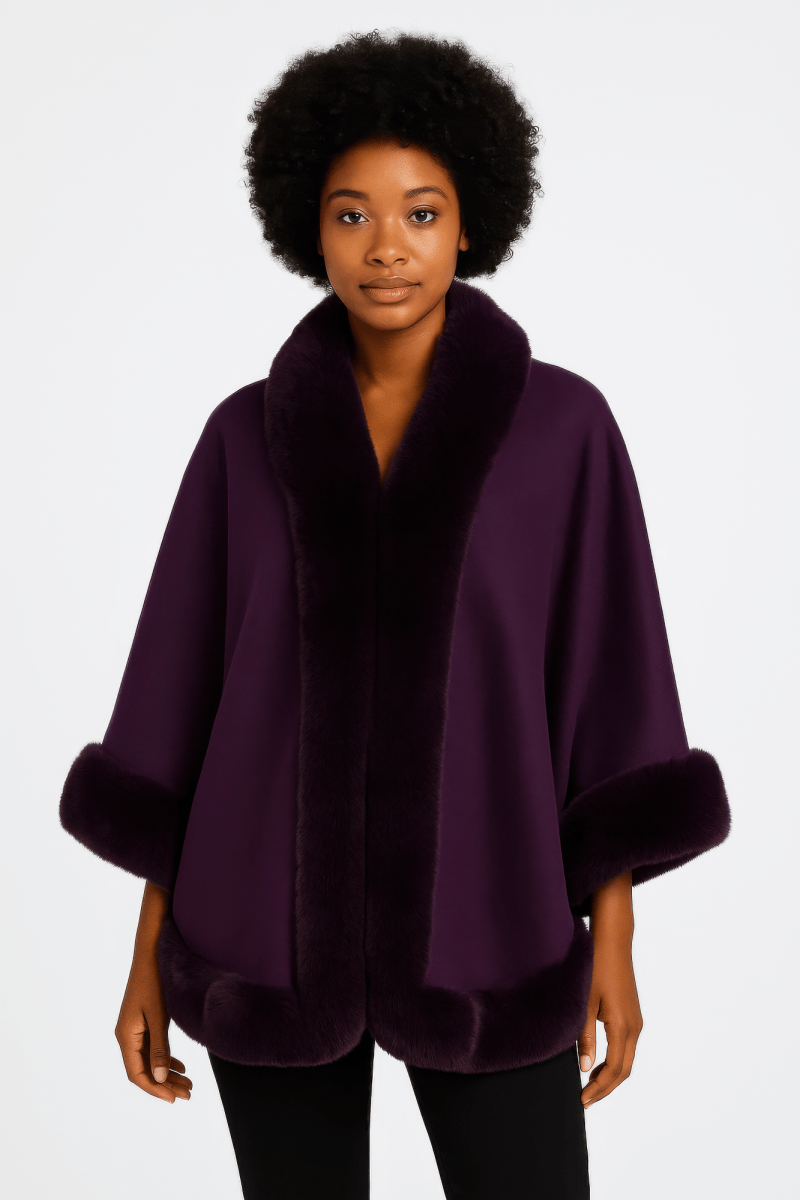 Women's Elegant Faux Fur Open - front Cape Jacket - AMVIM