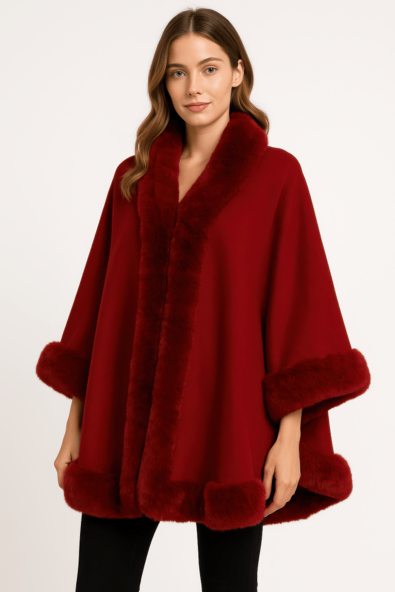 Women's Elegant Faux Fur Open - front Cape Jacket - AMVIM