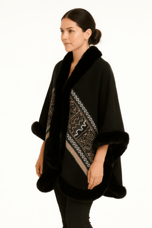 Women's Elegant Faux Fur Trim Cape with Geometric Border - AMVIM