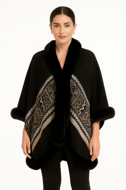 Women's Elegant Faux Fur Trim Cape with Geometric Border - AMVIM