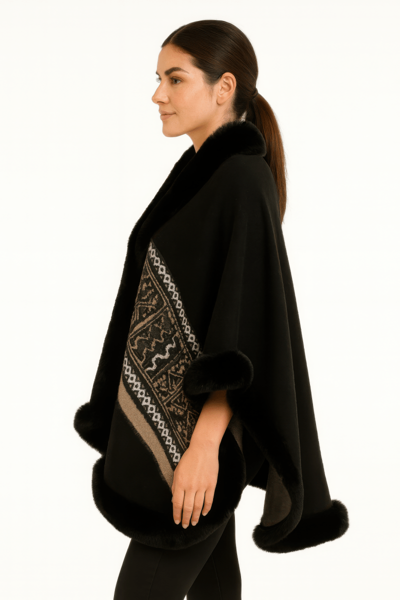Women's Elegant Faux Fur Trim Cape with Geometric Border - AMVIM