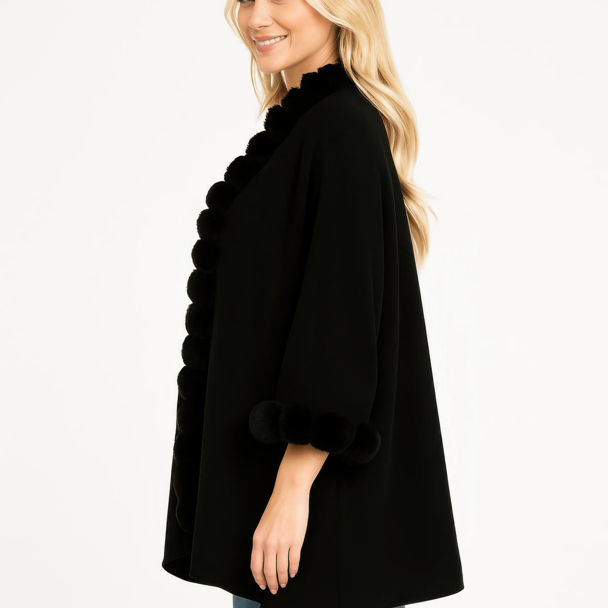 Women's Elegant Faux Fur Trim Open Cape – Cozy Layers - AMVIM