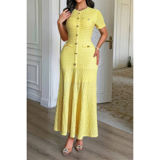 Women's Elegant Round Neck Sheath Dress with Buttons - AMVIM