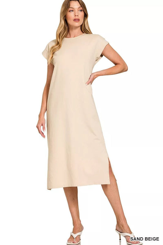 Womens Elegant Round Neck Side Slit Midi Dress - AMVIM