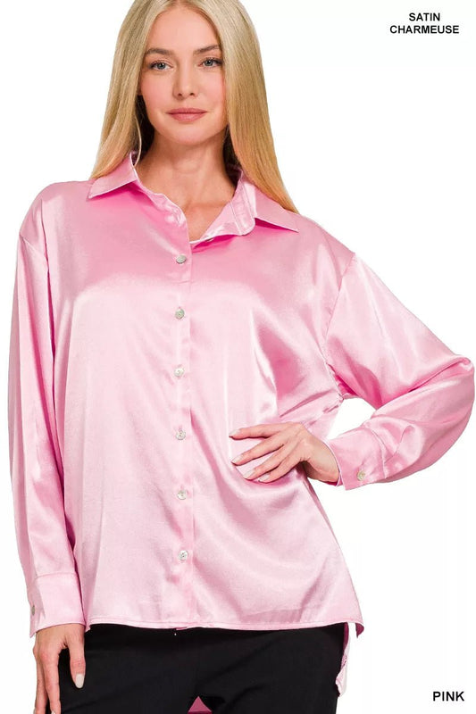 Womens Elegant Satin Button Down Long Sleeve Blouse - AMVIM