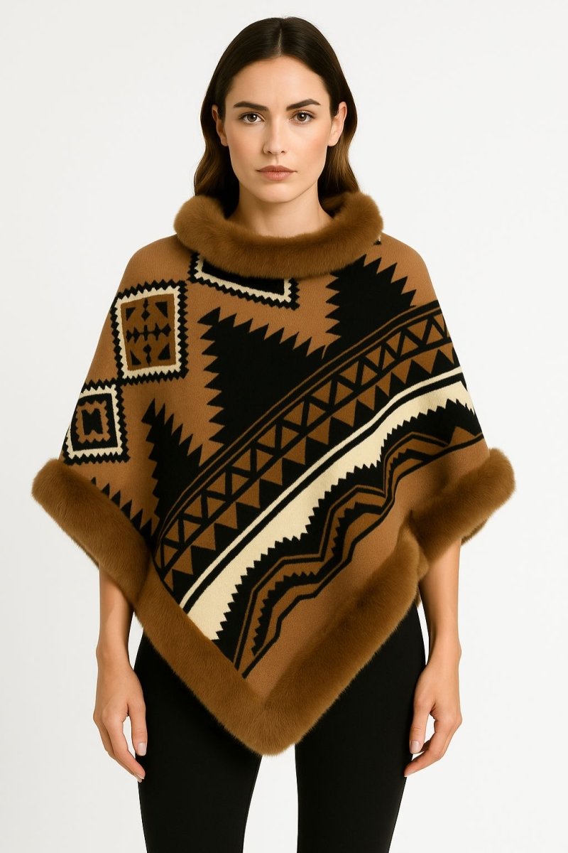 Women's Faux Fur Trim Hooded Tribal Poncho Cape Wrap - AMVIM