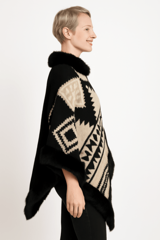 Women's Faux Fur Trim Hooded Tribal Poncho Cape Wrap - AMVIM