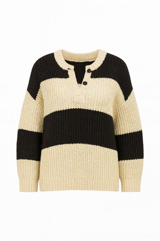 Women's Knit Split Neck Stripe Sweater Pullover - AMVIM