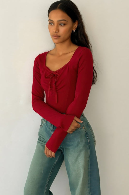 Womens Long Sleeve Scrunch Bow Top with Ruffle Detail - AMVIM