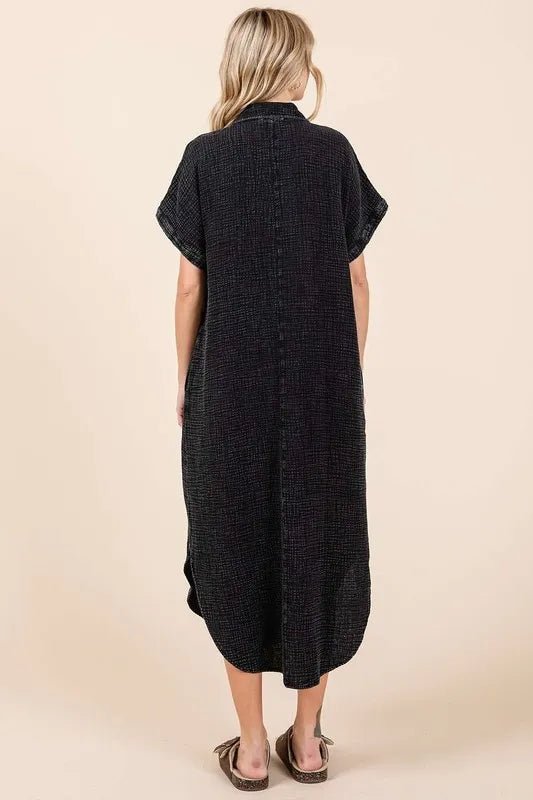 Women's Mineral Wash V Neck Button Up Midi Shirt Dress - AMVIM