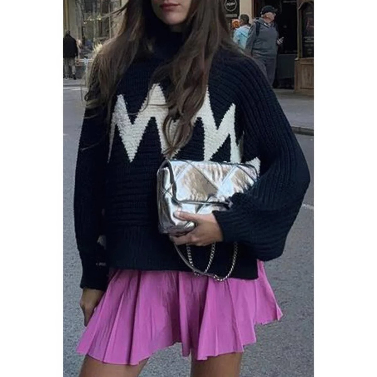 Women's Mock Neck Contrast Trim Long Sleeve Sweater - AMVIM