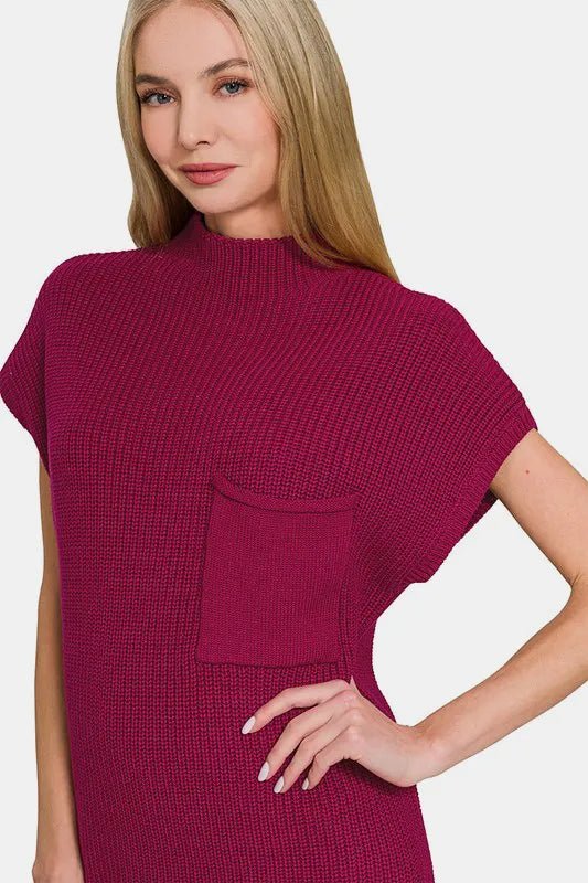 Women's Mock Neck Short Sleeve Sweater Dress - AMVIM