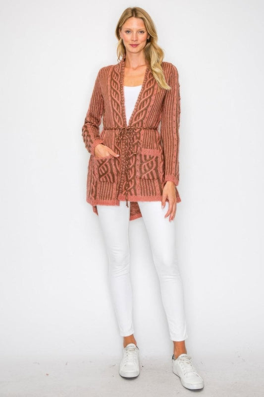 Women's Open Wool Belted Long Cardigan with Front Pocket - AMVIM