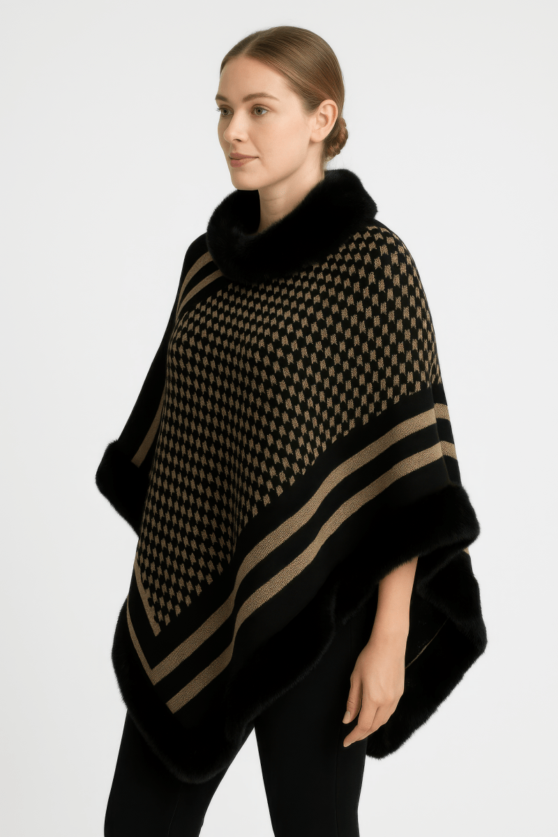 Women's Patterned Knit Poncho With Faux Fur Trim - AMVIM
